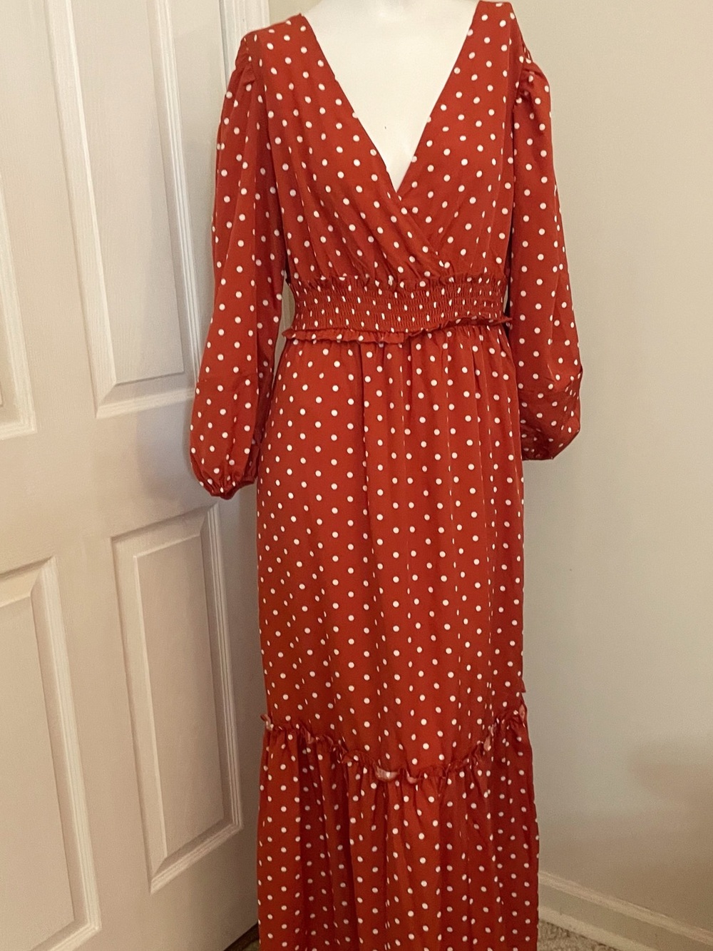Rust Polka Dot Maxi Dress with Smocked Waist